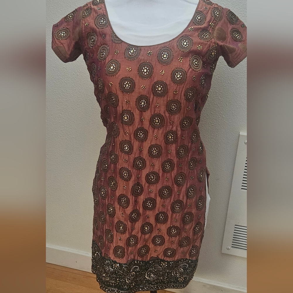 Vintage Indian Kurta Embroidered Dress Top Size S Terracotta Beautiful
